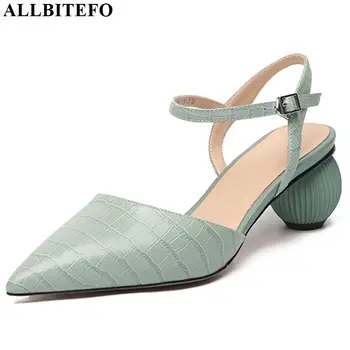 

ALLBITEFO real genuine leather high heel shoes Solid color women sandals pointed toe low heel spring autumn office ladies shoes