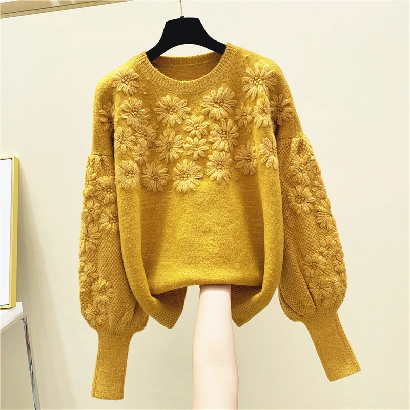 

Cashmere Sweaters Women Loose Oversized Crochet Flower Embroidered Lantern Sleeve Pullover Sweaters 2020 Autumn Winter Warm Tops