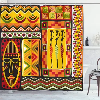 

African Shower Curtain Elements Historical Original Striped and Rectangle Shapes Design Cloth Fabric Bathroom Decor