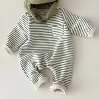 2024 Spring New Baby Striped Romper Boys Girls Simple Striped Casual Jumpsuit Winter Infant Fleece Warm Clothes 5