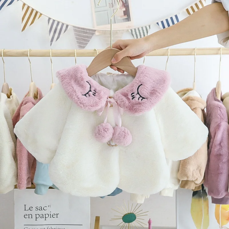 Warm Winter Girls Kids Velvet Thicken Cloak Cardigan Children Baby Infants Lapel Collar Princess Outwear Cape Coats WT955 - Цвет: White