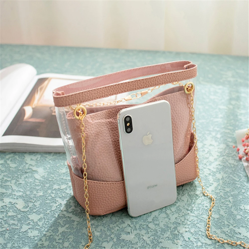 

Adjustable Metal Chain Transparent Shoulder Bag PU Leather Double Layer Crossbody Jelly Totes Purches Handbag for Women Ladies