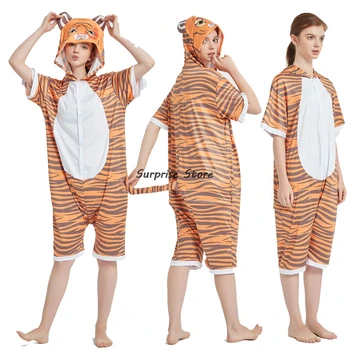

Animal Cartoon Tiger Print One Piece Hooded Pajamas Woman Sexy Onesie Pajamas Unicorn Summer Short Oneises Adulto