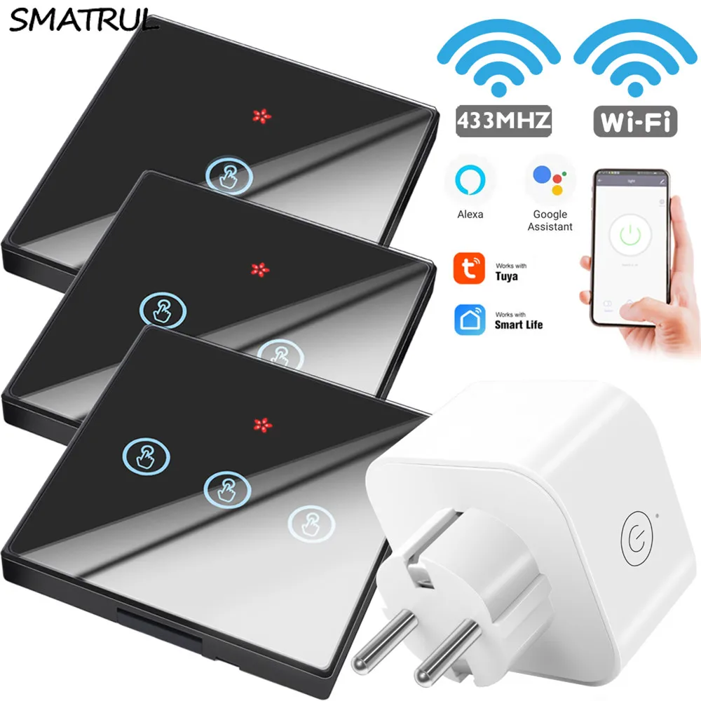 SMATRUL Tuya Smart Life Wireless Socket WiFi RF 433Mhz 220V EU Plug APP TOUCH Switch Light Wall Outlet For Google Home Alexa