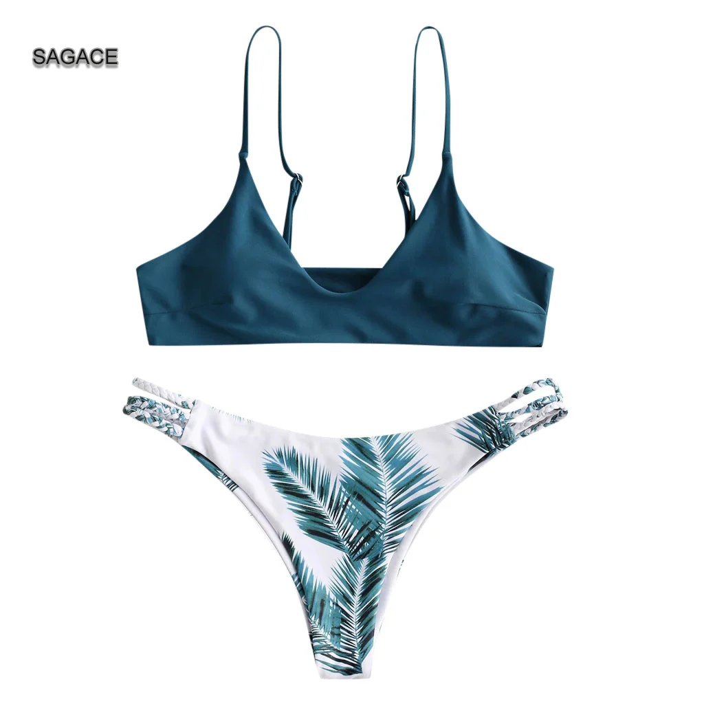 SAGACE 2 Piece Green Bikini Set Women Summer Split Swimsuit Sexy Leaf