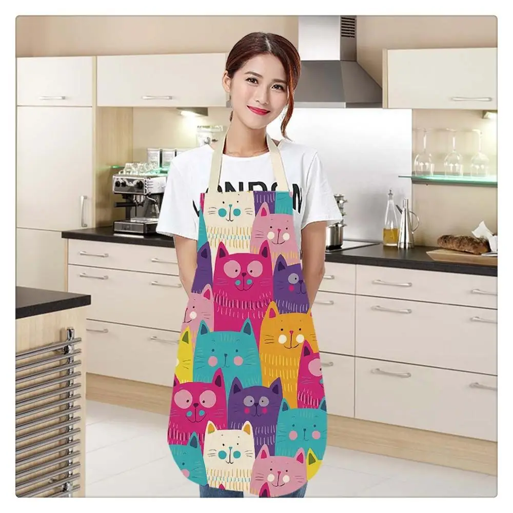 Cartoon Cute Cat Printed Kitchen Apron Cotton Linen Sleeveless man women Chef Cooking Aprons Kitchen Accessories 68*55cm 0006