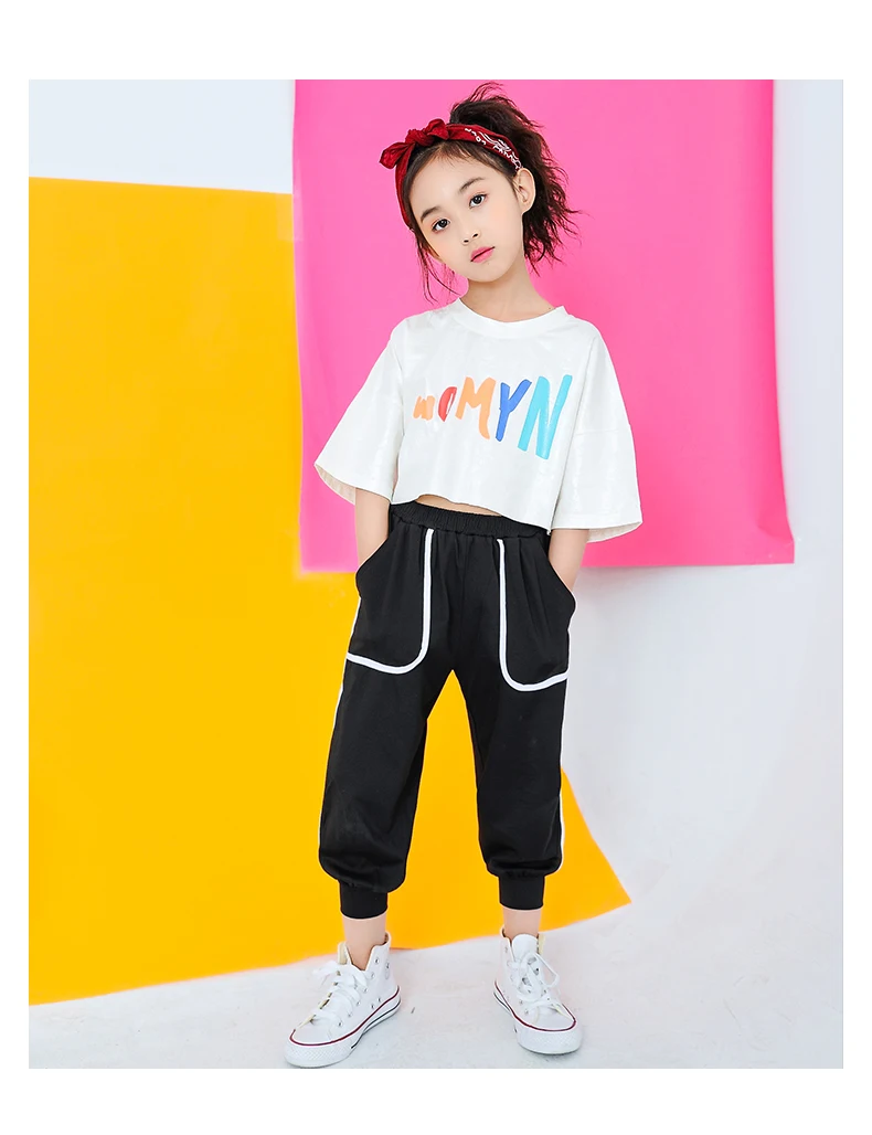 Kids Jazz Dance Costumes Girls Hip Hop Clothing Loose White T Shirt Jogger Black Pants Set Streetwear Stage Perform Clothes (14)