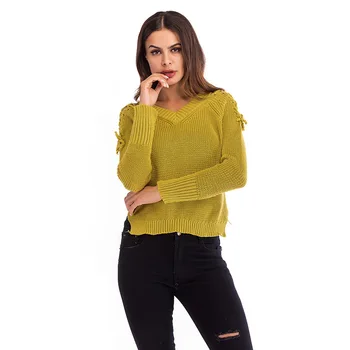 

Women Clothes V-neck Solid Color Lace Knit Sweater Loose Pullover Top