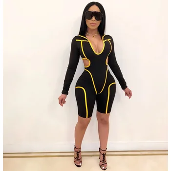 

women fashion playsuit full sleeve fly reflective striped patchwork rompers 2019 female elastic skinny bodysuits