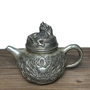

LAOJUNLU Imitation Antique Old Dragon Pot Bronze White Copper Plated Silver Dragon Kettle Teapot Small Hip Flask Imitation