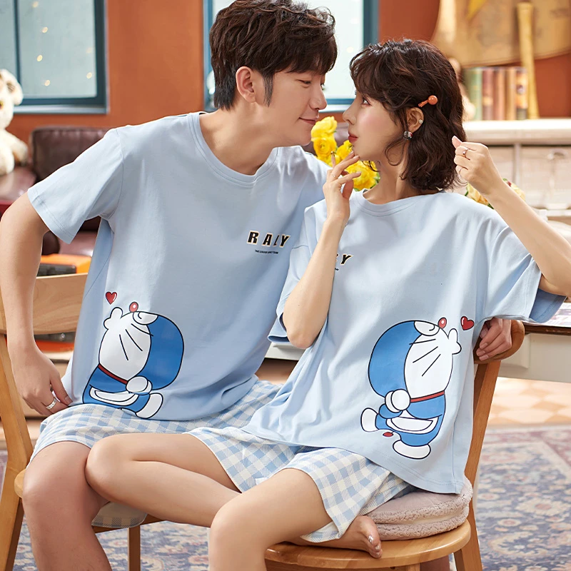 Funny Japan Anime Doraemon Couples Pajamas Sets Women Men Summer Cotton Sleepwear Korean Blue Plaid Short Sleeve Lovers Homewear silk pajama pants