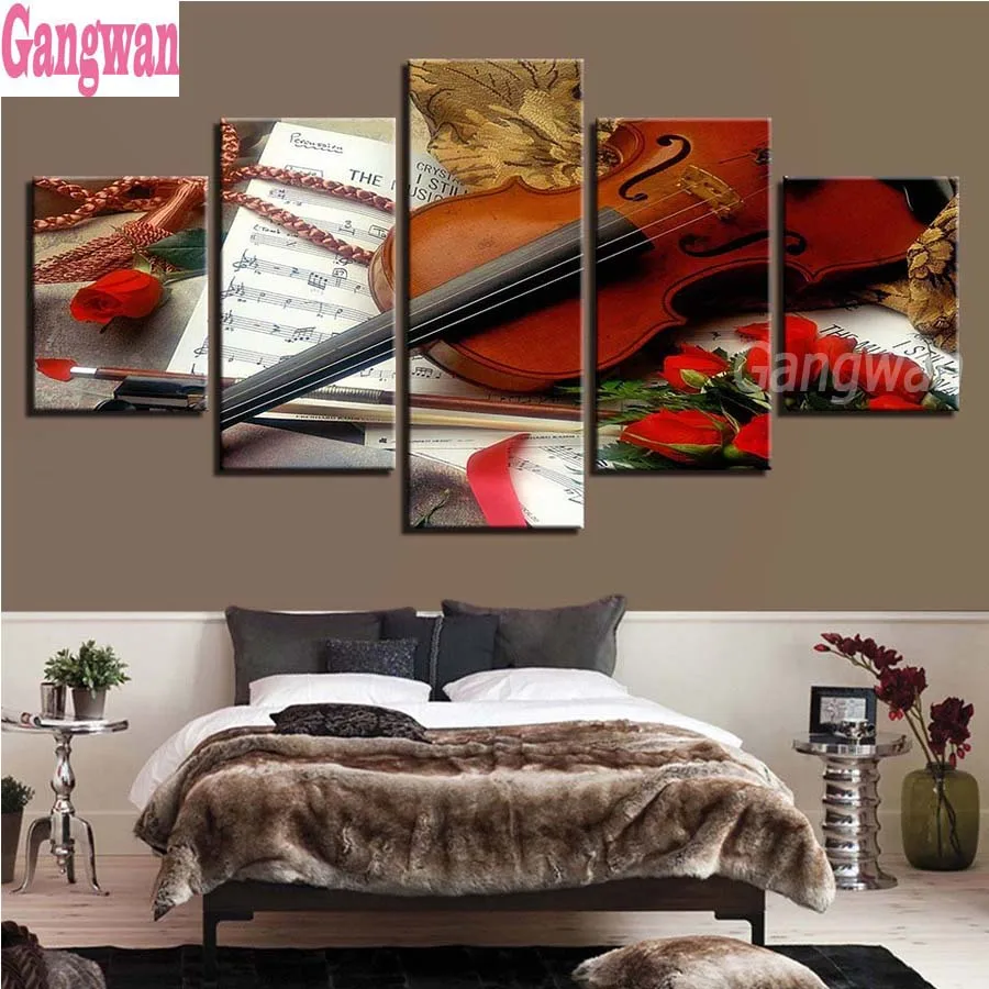 5 Panel Fiddle Music Full round diamond embroidery painting 5D square by hand 3d picture rhinestones room decoration | Дом и сад