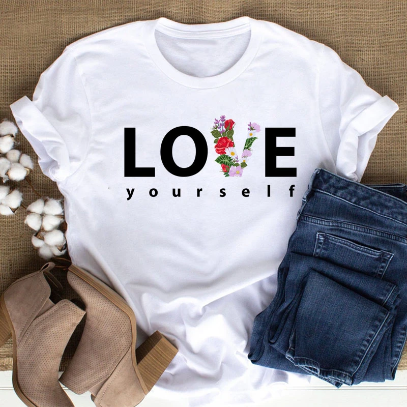 Love Yourself Flower Printed T Shirt Women Fashion Black T Shirt Causal Tops Harajuku Cute Graphic Loose Round Neck Tee Tops 2
