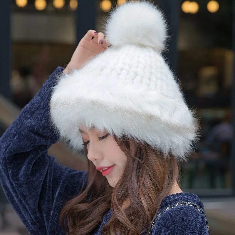 Стильная женская Пушистая Шапка, вязаные шапочки, зимние лыжные шапочки, плетеная монгольская шапка для улицы LL@ 17 - Цвет: Белый