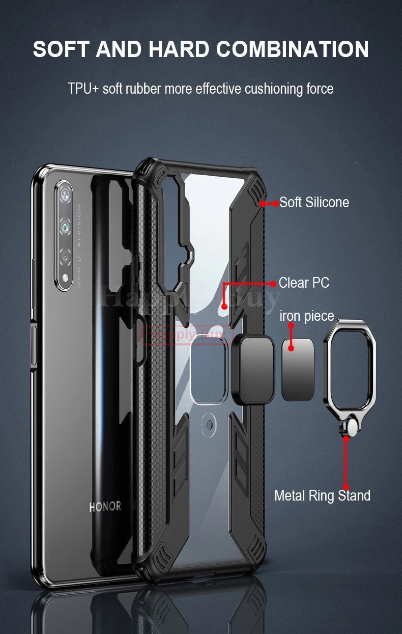 Кольцевой кронштейн чехол для телефона для huawei Honor 20 Pro чехол противоударный Прозрачный чехол для huawei Honor V20 9X Pro чехол задняя крышка