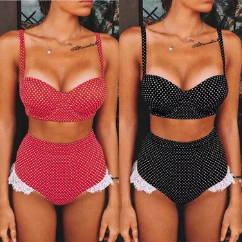 

2020 bikini swimsuit women's wave point hard bag lace high waist split bikini