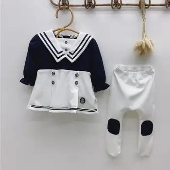 

College Style Autumn Kids Girls Dress Baby Girl Long Sleeve Navy Collar Dress + Leggings Children Girls Outfits 0-24M