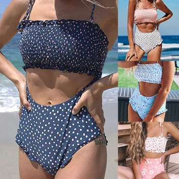 

Sexy One Piece Swimsuit Women Swimwear Ruffle Bikini Set Bandage Monokini High Waist Lace Up Bathing Suits Retro Print Biquinis