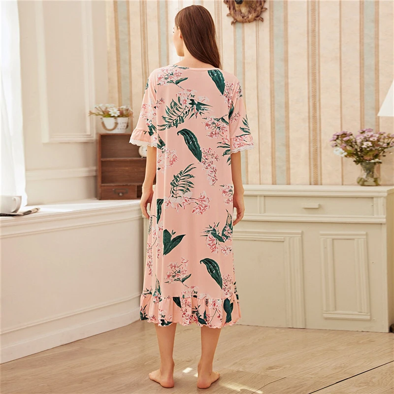 SHEIN розовый цветочный принт рюшами подол ночная рубашка для женщин милый Ночной костюм Лето Осень кружево отделка рукав Цветочный пижамы Ночная рубашка