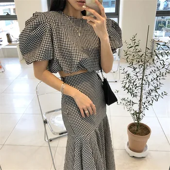 

Ins Korean Stytle Chic Fashionable Plaid Mermaid Puff Sleeves O-neck High Waist Trumpet 2020 Hot Summer Dress Sets for Ladies