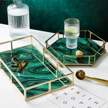 

European Style Metal Glass Storage Tray Cosmetics Storage Coffee Table Glass Tray Living Room Household Dessert Storages