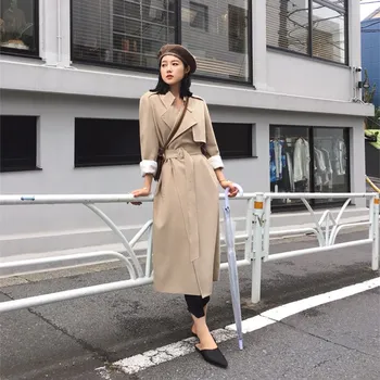 

Women Autumn Turn-down Collar Casual Trench Coat Korean Style Elegant Sashes Loose Outwear Long Windbreaker Coat