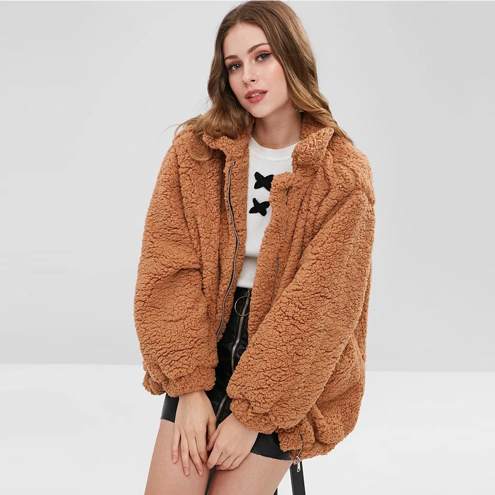 Goede Zaful Slip Zakken Faux Fur Teddy Jas Vrouwen Pluizige Brede Taille Winter Uitloper Warme Overjas Vrouwelijke Tuniek Sherpa Vlakte jas