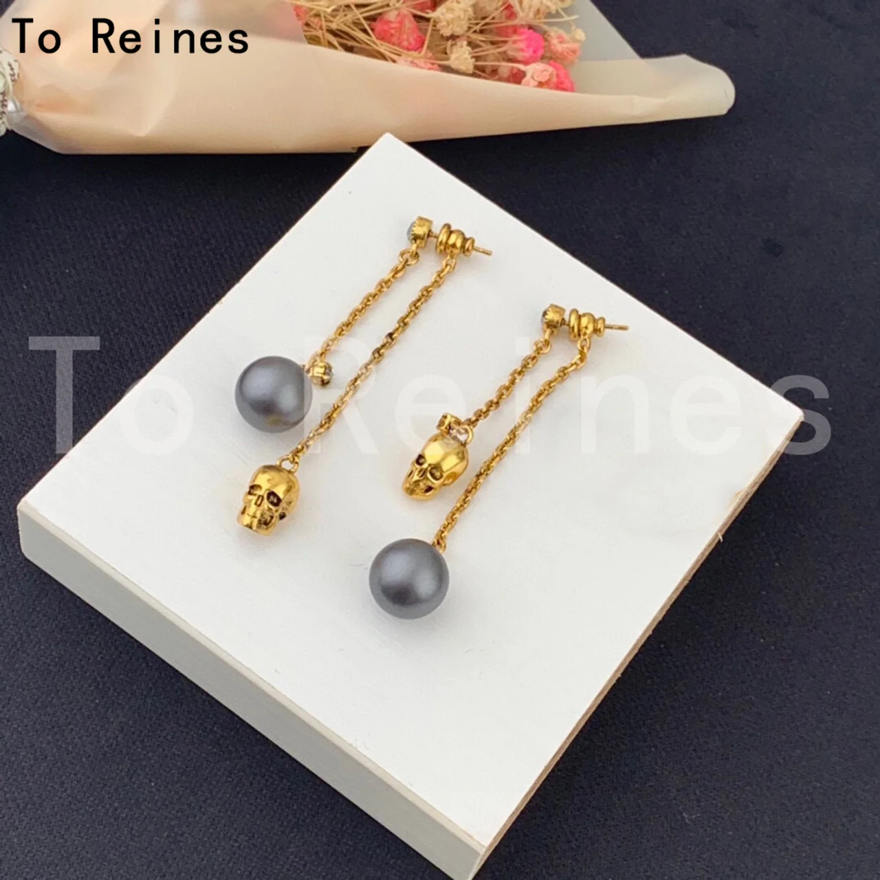 Hot Brand Gold Color Fashion Jewelry For Women High Quality Pearls Earrings Skull Head Punk Dangle Drop Earrings