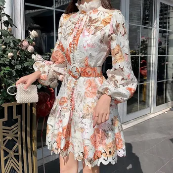 

Floral Embroidery Hollow Out Lace Summer Dress Women Ruffles Stand Collar Lantern Sleeve Single-Breasted Short Dresses Sundress