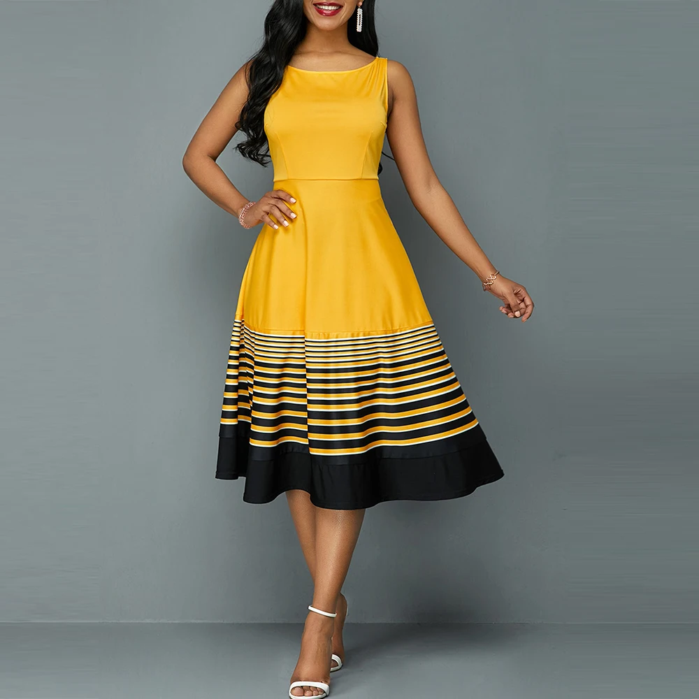 

Elegant Striped Long Dress Women Summer Vintage Casual Plus Size O-neck Sleeveless High Waist Slim Ball Gown Swing Party Dress