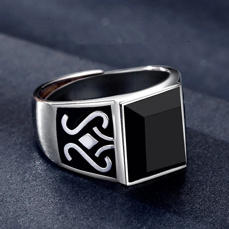 2024 Trendy Men Ring Jewelry Adjustable Finger Accessorie Male Silver 925 Ring Fashion Flower Rectangle Crystal Bijou - 4