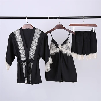 

White Nightgown Lace Strap Robe 3PCS Pajama Set Women Sexy Lingerie Pijama Mujer Lounge Nightwear Sleepwear пижама женская