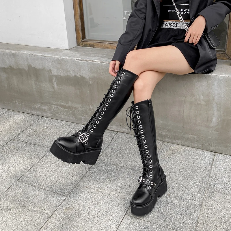 Black High Boots Platform High Heels Boots Women Lace Up Long Boots Punk Knee Boots Female Women Shoes Femmes Bottes Black High Boots Platform High Heels Boots Women Lace Up Long Boots Punk Knee Boots Female Women Shoes Femmes Bottes