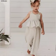 Осенний комбинезон из хлопка и льна, детская одежда для девочек; сезон лето однотонные цветная повязка с открытыми плечами без рукавов на бретельках, шаровары, штаны, костюм
