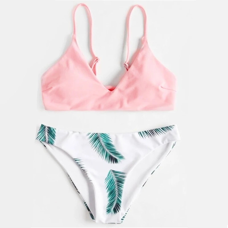 

2020 Women's Sexy Fashion Swimwear Leaf Print Split Swimwear Bikini Pink Plus Size Beach Holiday Bikini Set Two Pieces Swimsuit