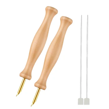 

2 Sets Sewing Wooden Handle Punch Needles Embroidery Punch Needles and Needle Threader for DIY Craft Stitching Applique
