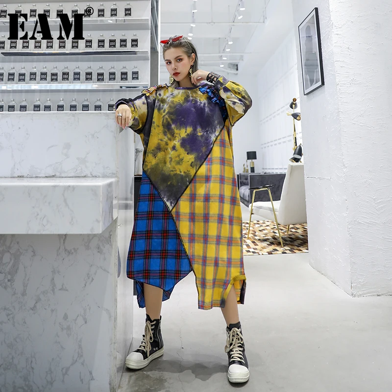 

[EAM] Women Plaid Ruffles Asymmetrical Big Size Dress New Round Neck Long Sleeve Loose Fit Fashion Tide Spring Autumn 2019 1D622