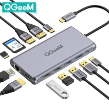 QGeeM USB C Hub Macbook Pro Air için Üçlü Ekran C Tipi Hub'dan Çift 4K HDMI ve DP'ye SD Mikro SD Kart Okuyucular RJ45Aux PD Şarj Cihazı OTG Çoklu USB Hub Tipi C Dock 3.0 Adaptör Splitter Dizüstü Bilgisayar Aksesuarları
