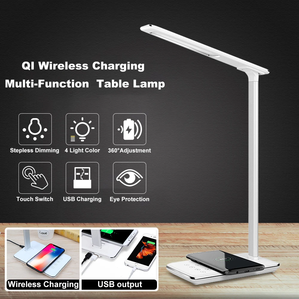 LED Table Lamp QI Wireless Charging Multi-Function LED Desk Lamp Desktop Light Dorm Room Modern Off