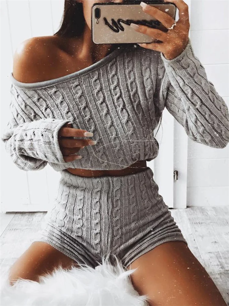 

Knitted Sweater Two Piece Set Women Knit Top Shorts Suit Elegant Ladies loose Tracksuit Casual Plain Streetwear 2 Piece set