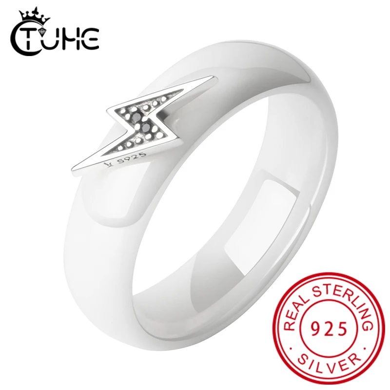 

New Arrival Silver Exquisite Lightning & Black CZ Ceramic Rings for Women Fine Jewelry Brincos Healthy Ceramic Wedding Ring Gift