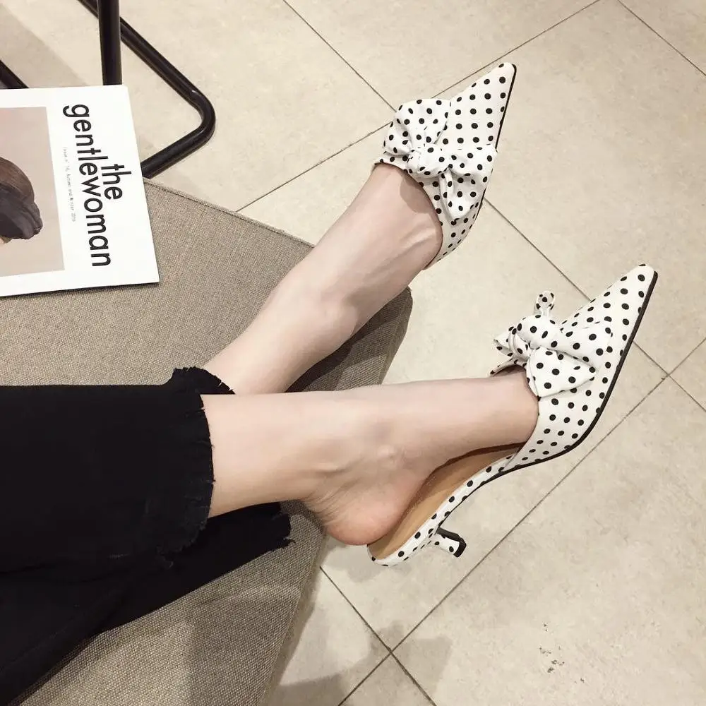

Woman Shoes Luxury Pointed Toe Slides Slippers Women Summer Med Thin Heels Butterfly-knot Shallow Designer Sliders 2019 Rubber