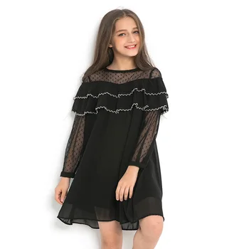 

Girls chiffon dresses New spring summer kids black loose dress for teenage girl party costumes children Clothing5 8 10 12 14Year
