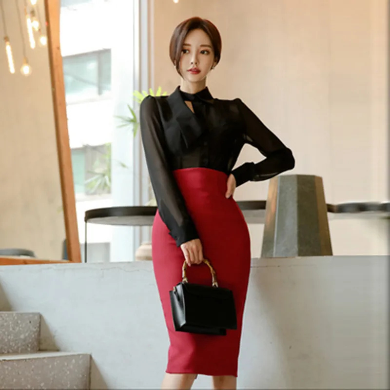 

2021 New Women OL Work Wear 2 Pieces Set Women Sexy Perspective Chiffon Blouses & High Waist Sheath Pencil Bodycon Skirt