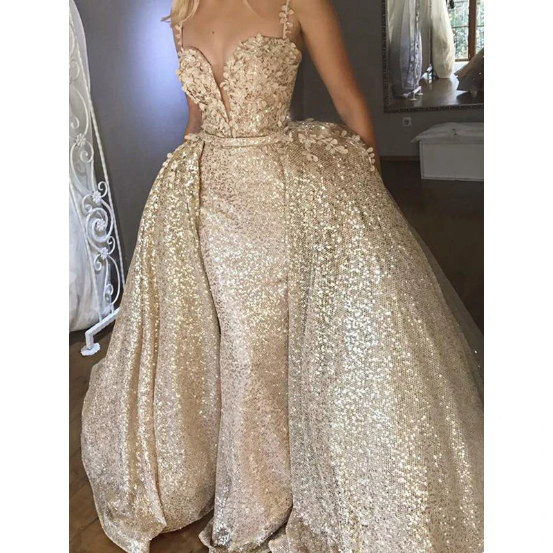 Gold Sequined Evening Dresses 2020 Detachable Over-Skirt Spaghetti Strap Bling Prom Dresses with Floral Mermaid Sweetheart white evening dresses