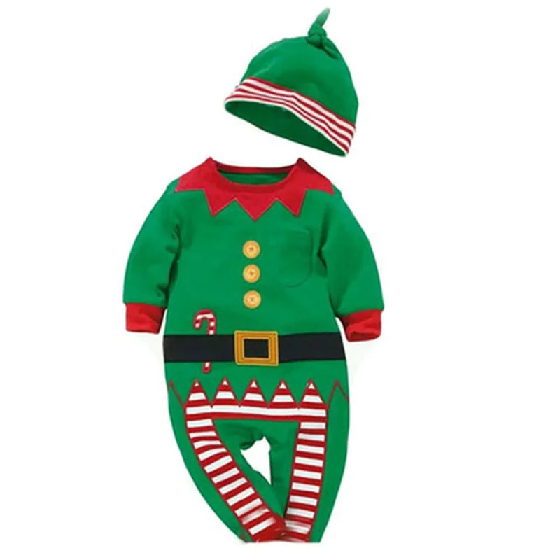 Рождественский костюм для маленьких мальчиков и девочек; комплект с длинными рукавами; комбинезон Санта-Клауса с шапочкой; праздничные костюмы; цельнокроеный комбинезон эльфа для маленьких мальчиков