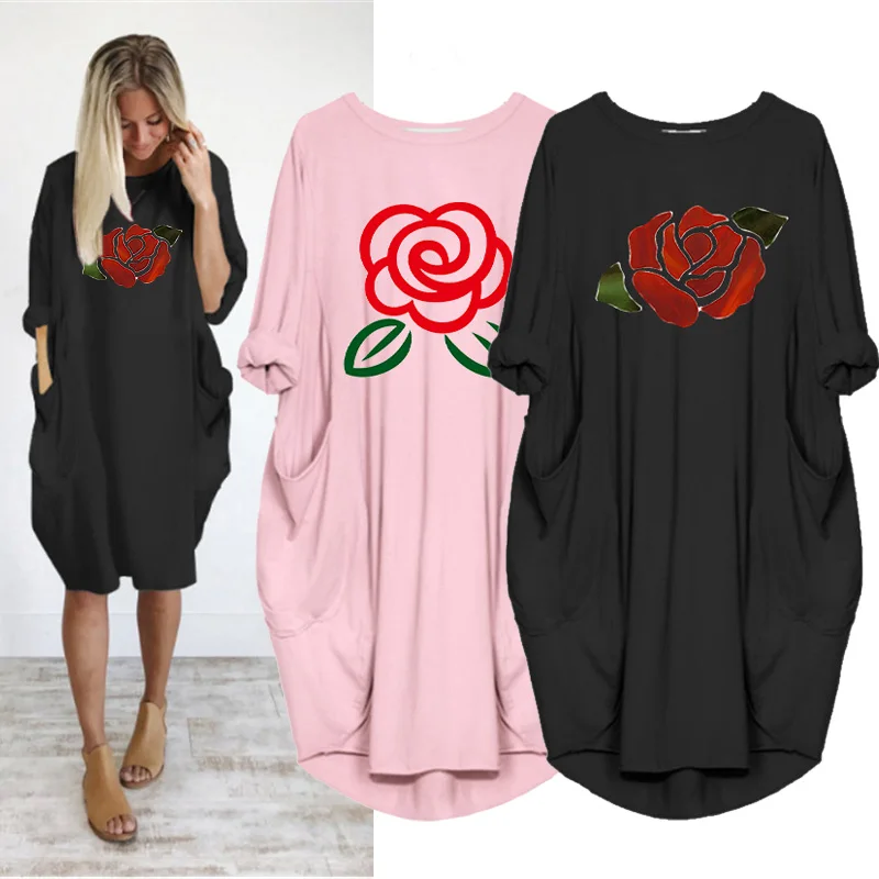 

New 2020 Women Loose Dress Simple Rose Print Long Sleeve O Neck Pocket Plus Size 5XL Casual Vintage Woman Dress Vestidos Robes