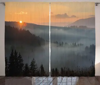 

Nature Curtains Morning at Foggy Mountain Range Sunrise Pine Tree Forest Dramatic Misty Sky Scenery Living Room Bedroom Window