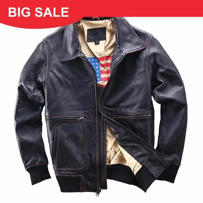 

2020 Retro Black Men USAF A2 Pilot Leather Jakcet Large Size XXXL Genuine Cowhide Spring Slim Fit Military Aviator Leather Coat