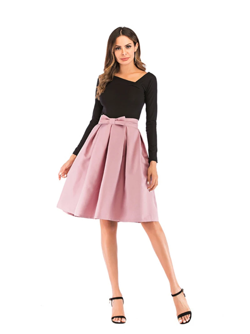 Bow pleated skirt women high waist korean short midi skirt female 2020 fashion A line spring autumn women skirts clothes DR1404 (7)
